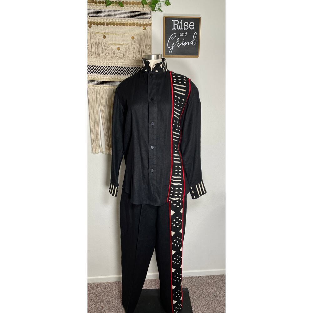 Unisex Vintage Linen Cotton Black & Red Tribal Ethnic Shirt & Pant Set Suit M